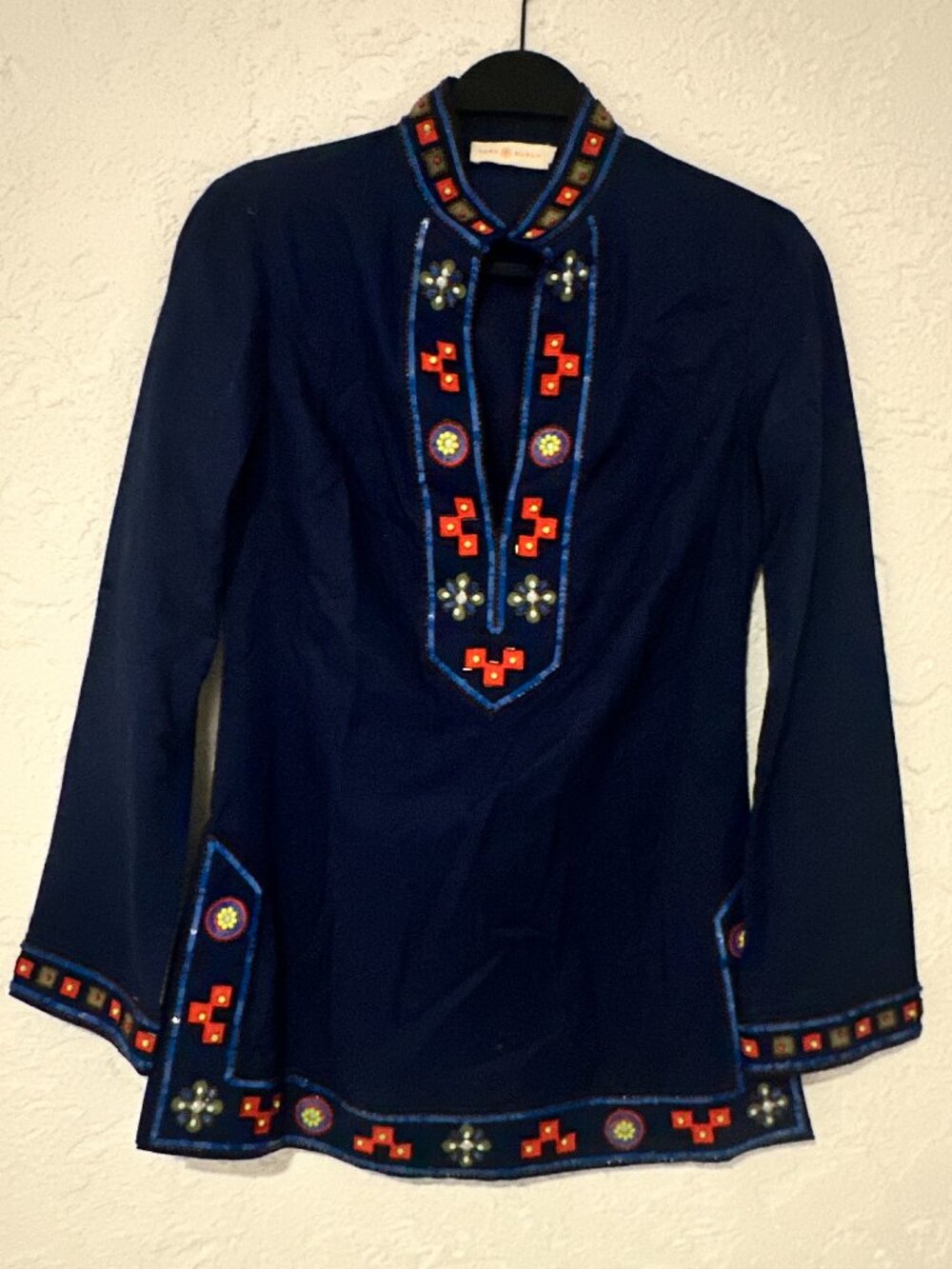 Tory Burch Embellished Tory Tunic Navy Beaded Cotton Boho Size 0